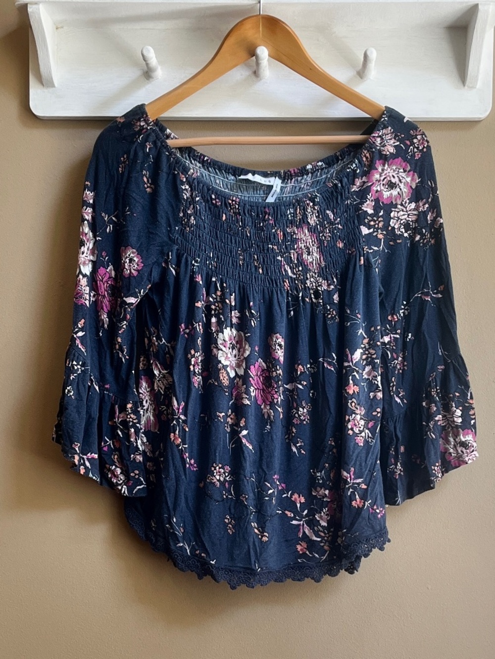LUQ Juliet Crochet Detail Smocked Knit Top Size S